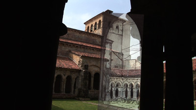 Cloister in Santillana del Mar and drawing by Rafael Arnáiz